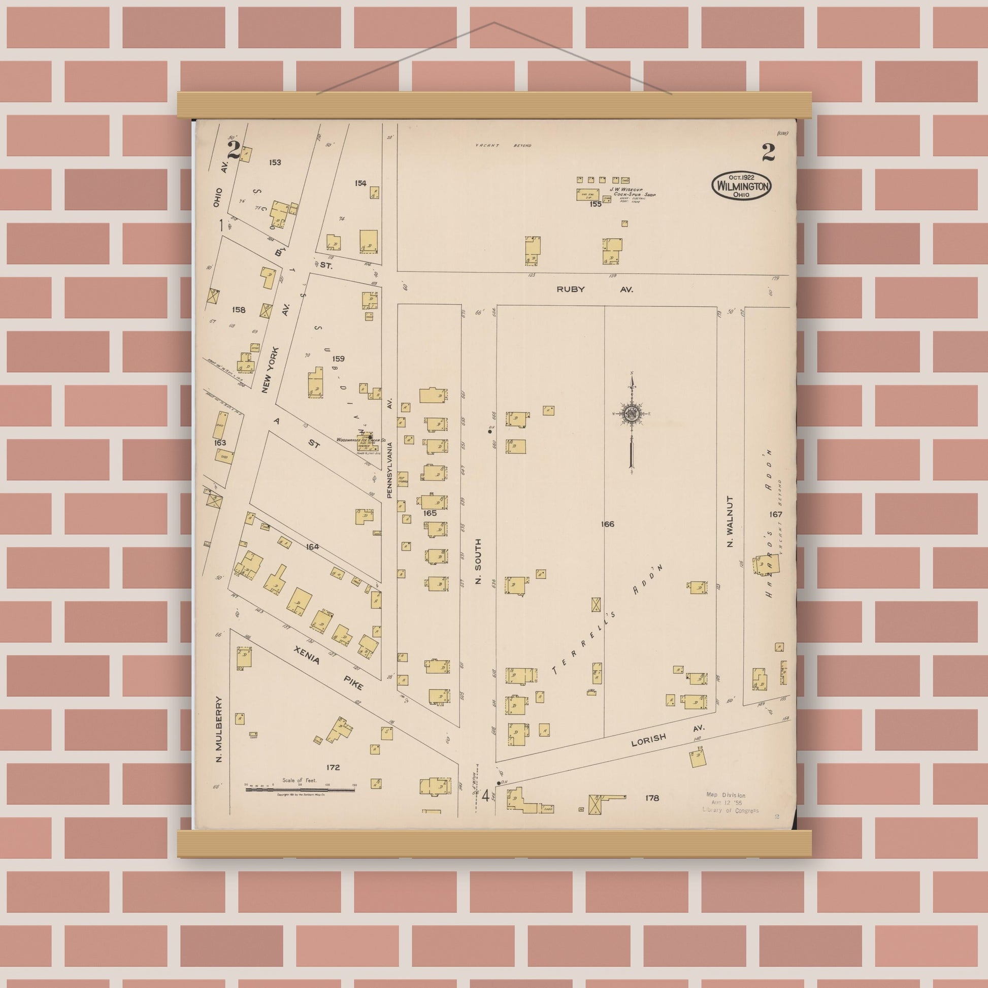 Old map wall art mockup — magnetic wood frame on brick wall — Sanborn Fire Insurance Map from Wilmington, Clinton County, Ohio (1922), Sheet #0002