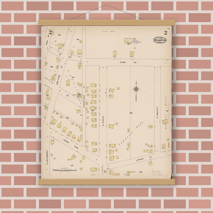 Old map wall art mockup — magnetic wood frame on brick wall — Sanborn Fire Insurance Map from Wilmington, Clinton County, Ohio (1922), Sheet #0002