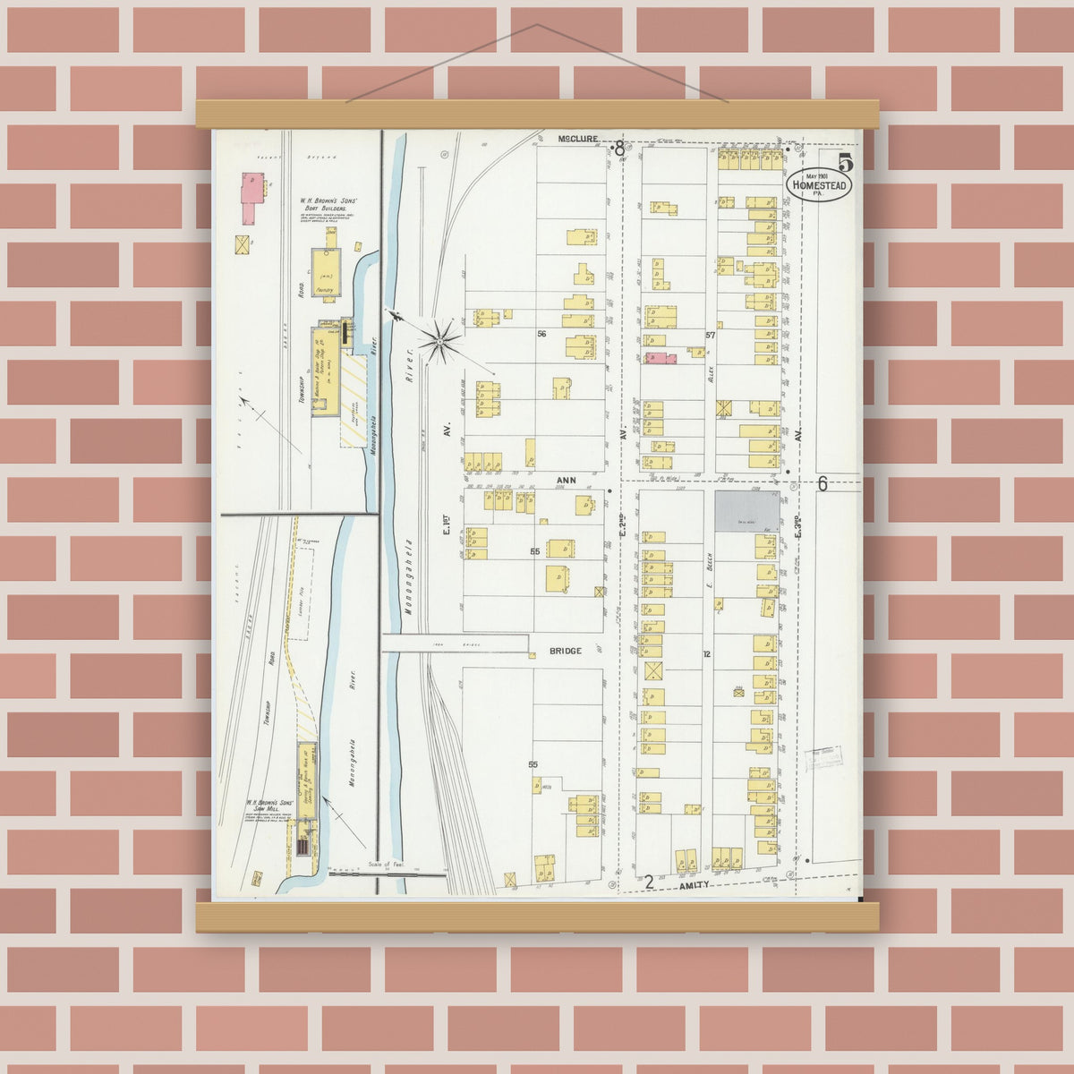 Old map wall art mockup — magnetic wood frame on brick wall — Sanborn Fire Insurance Map from Homestead, Allegheny County, Pennsylvania (1901), Sheet #0005