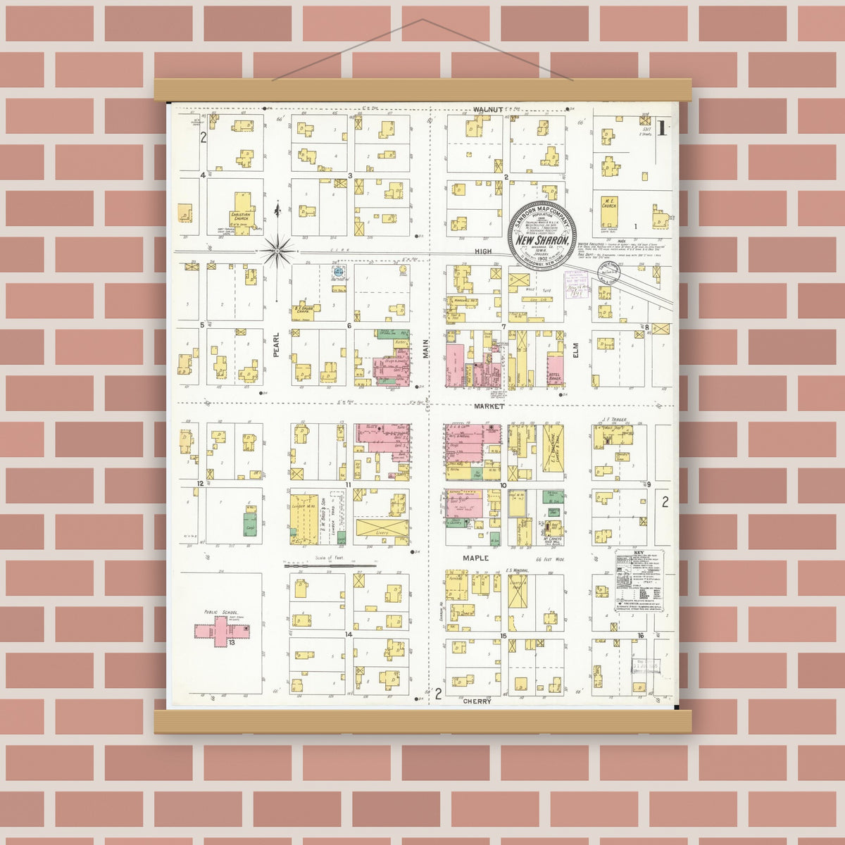 Old map wall art mockup — magnetic wood frame on brick wall — Sanborn Fire Insurance Map from New Sharon, Mahaska County, Iowa (1902) â€” Complete Set