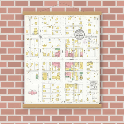 Old map wall art mockup — magnetic wood frame on brick wall — Sanborn Fire Insurance Map from New Sharon, Mahaska County, Iowa (1902) â€” Complete Set