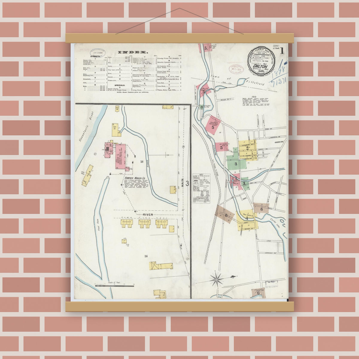 Old map wall art mockup — magnetic wood frame on brick wall — Sanborn Fire Insurance Map from Dalton, Berkshire County, Massachusetts (1898) - Complete Map Set