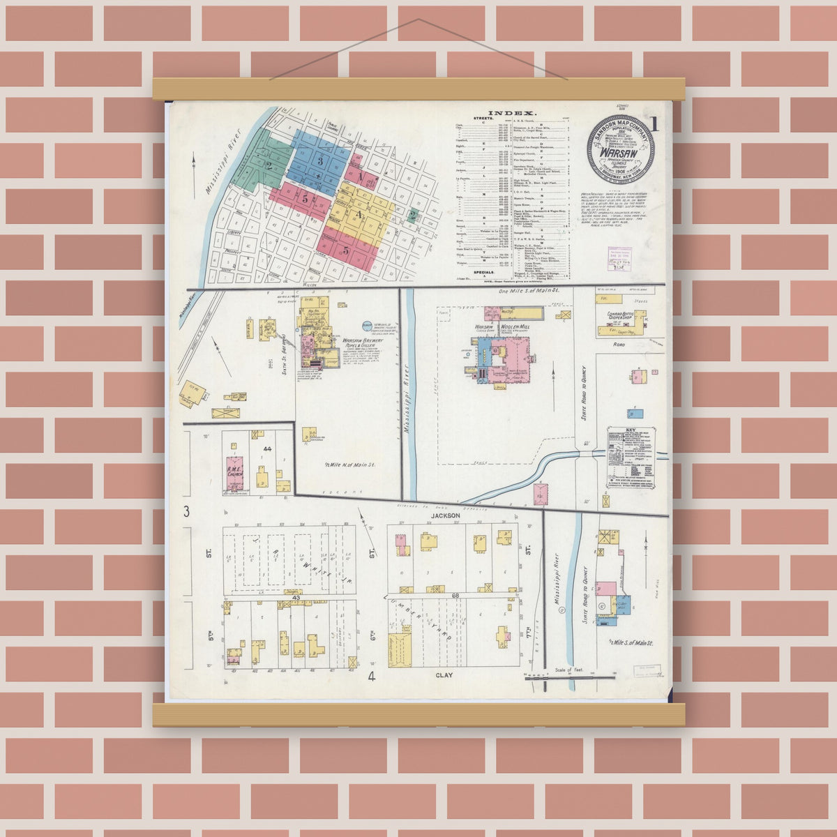 Old map wall art mockup — magnetic wood frame on brick wall — Sanborn Fire Insurance Map from Warsaw, Hancock County, Illinois (1906), Sheet #0001