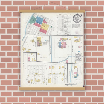 Old map wall art mockup — magnetic wood frame on brick wall — Sanborn Fire Insurance Map from Warsaw, Hancock County, Illinois (1906), Sheet #0001