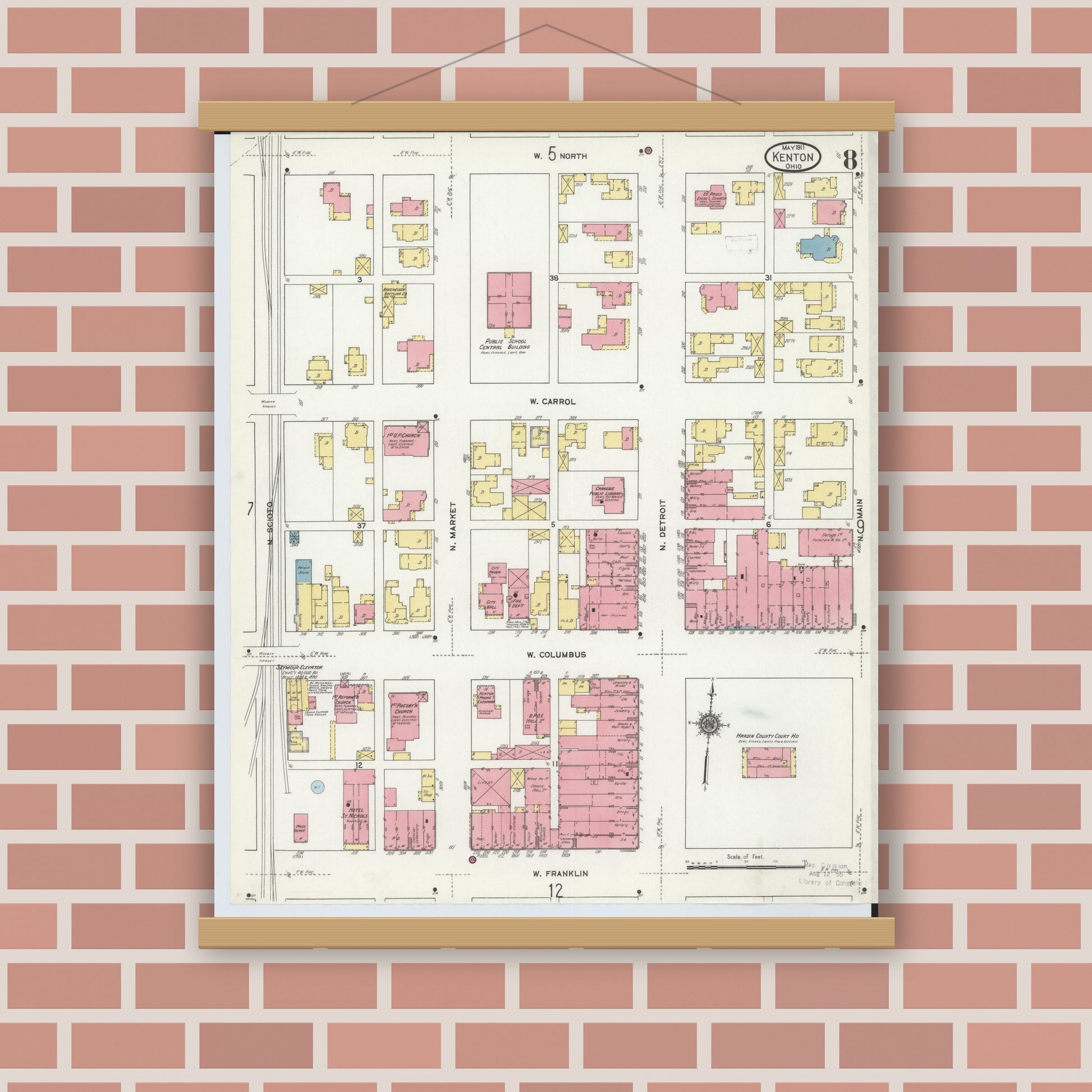 Old map wall art mockup — magnetic wood frame on brick wall — Sanborn Fire Insurance Map from Kenton, Hardin County, Ohio (1911), Sheet #0008