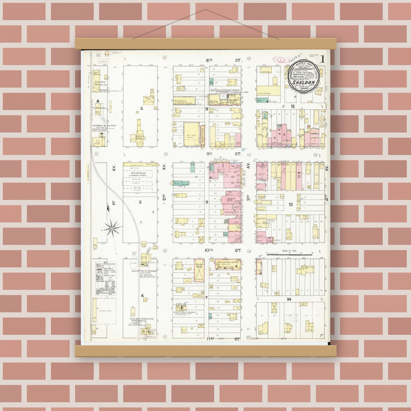 Old map wall art mockup — magnetic wood frame on brick wall — Sanborn Fire Insurance Map from Sheldon, O'Brien County, Iowa (1892), Sheet #0001