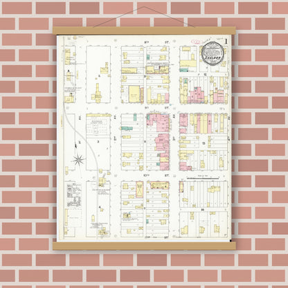 Old map wall art mockup — magnetic wood frame on brick wall — Sanborn Fire Insurance Map from Sheldon, O'Brien County, Iowa (1892), Sheet #0001