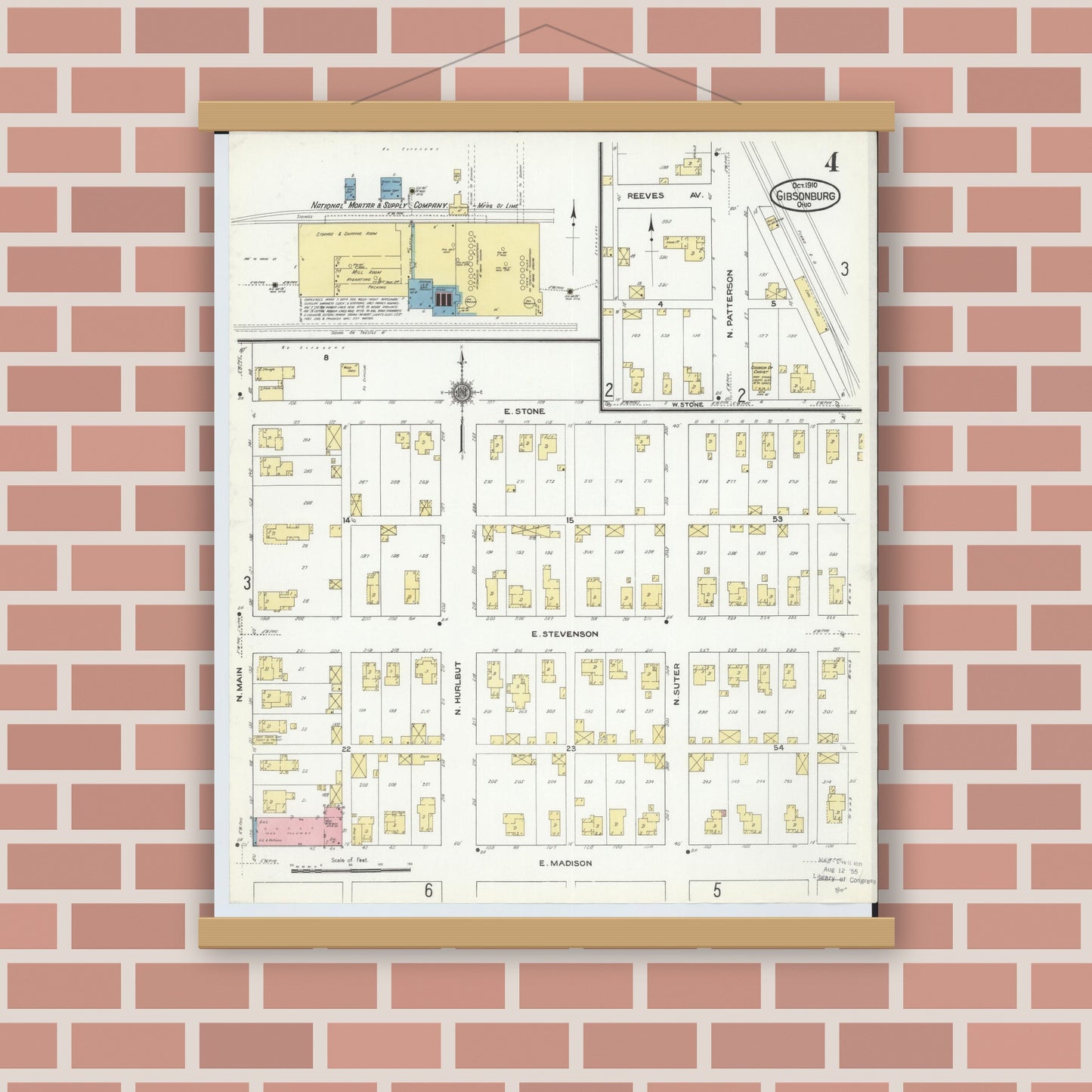 Old map wall art mockup — magnetic wood frame on brick wall — Sanborn Fire Insurance Map from Gibsonburg, Sandusky County, Ohio (1910), Sheet #0004