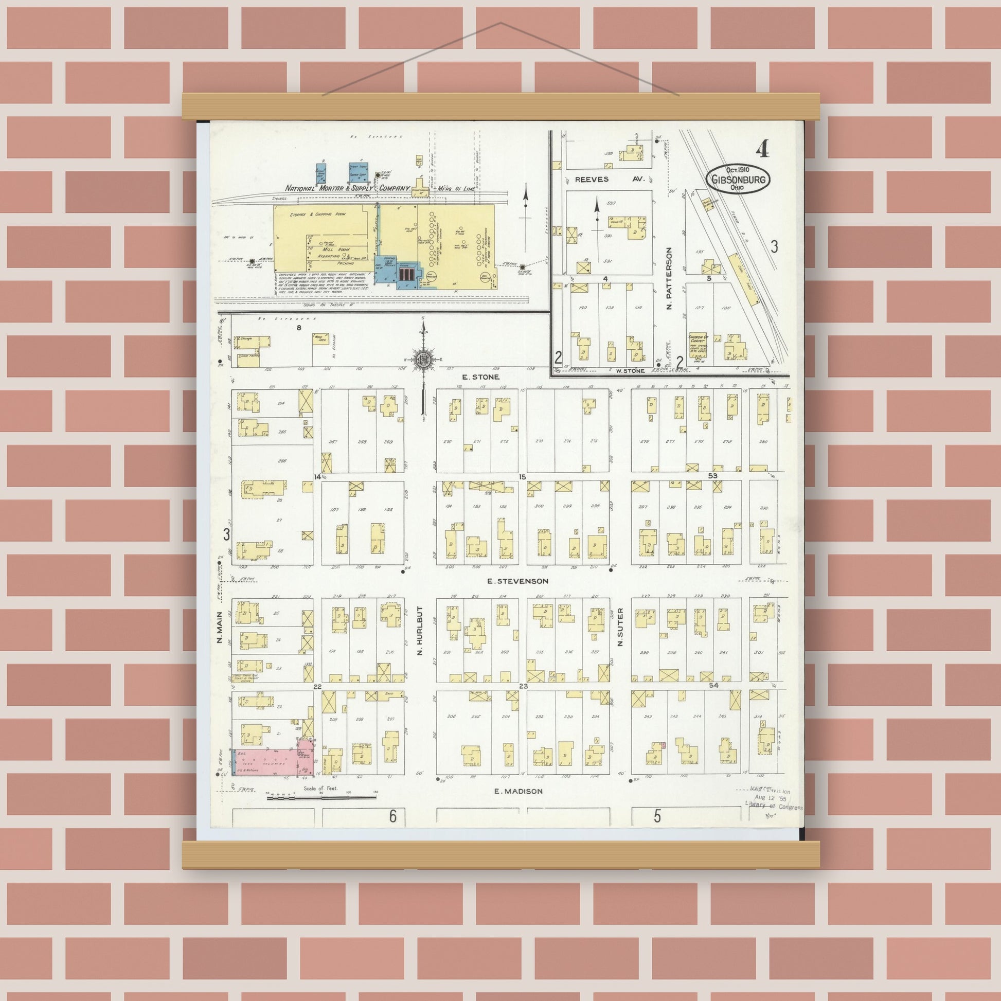 Old map wall art mockup — magnetic wood frame on brick wall — Sanborn Fire Insurance Map from Gibsonburg, Sandusky County, Ohio (1910), Sheet #0004