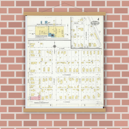 Old map wall art mockup — magnetic wood frame on brick wall — Sanborn Fire Insurance Map from Gibsonburg, Sandusky County, Ohio (1910), Sheet #0004