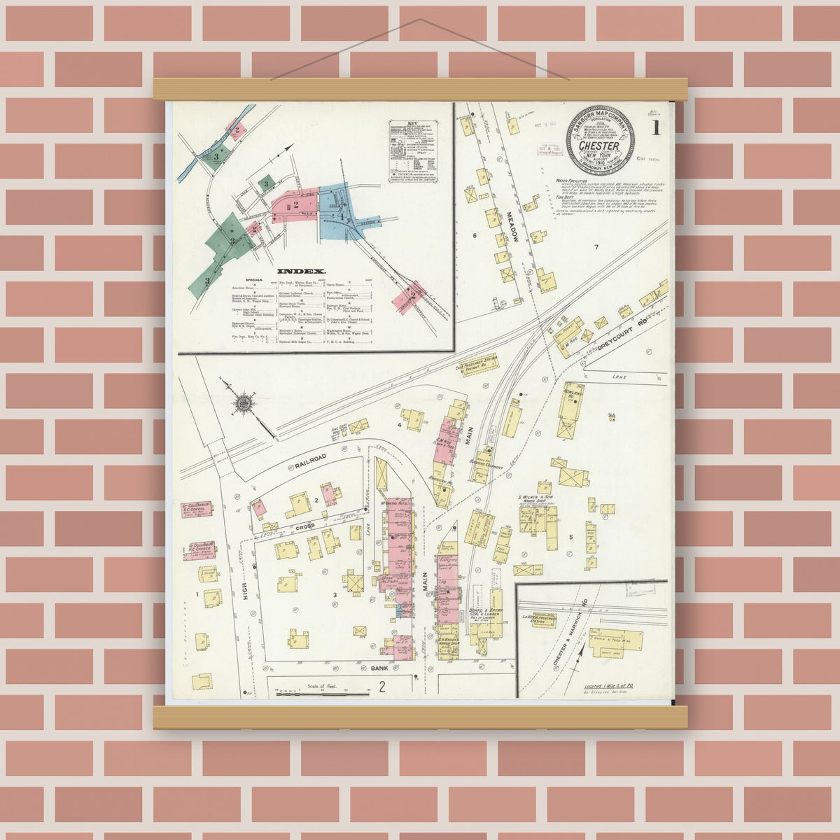 Old map wall art mockup — magnetic wood frame on brick wall — Sanborn Fire Insurance Map from Chester, Orange County, New York (1910) - Complete Map Set