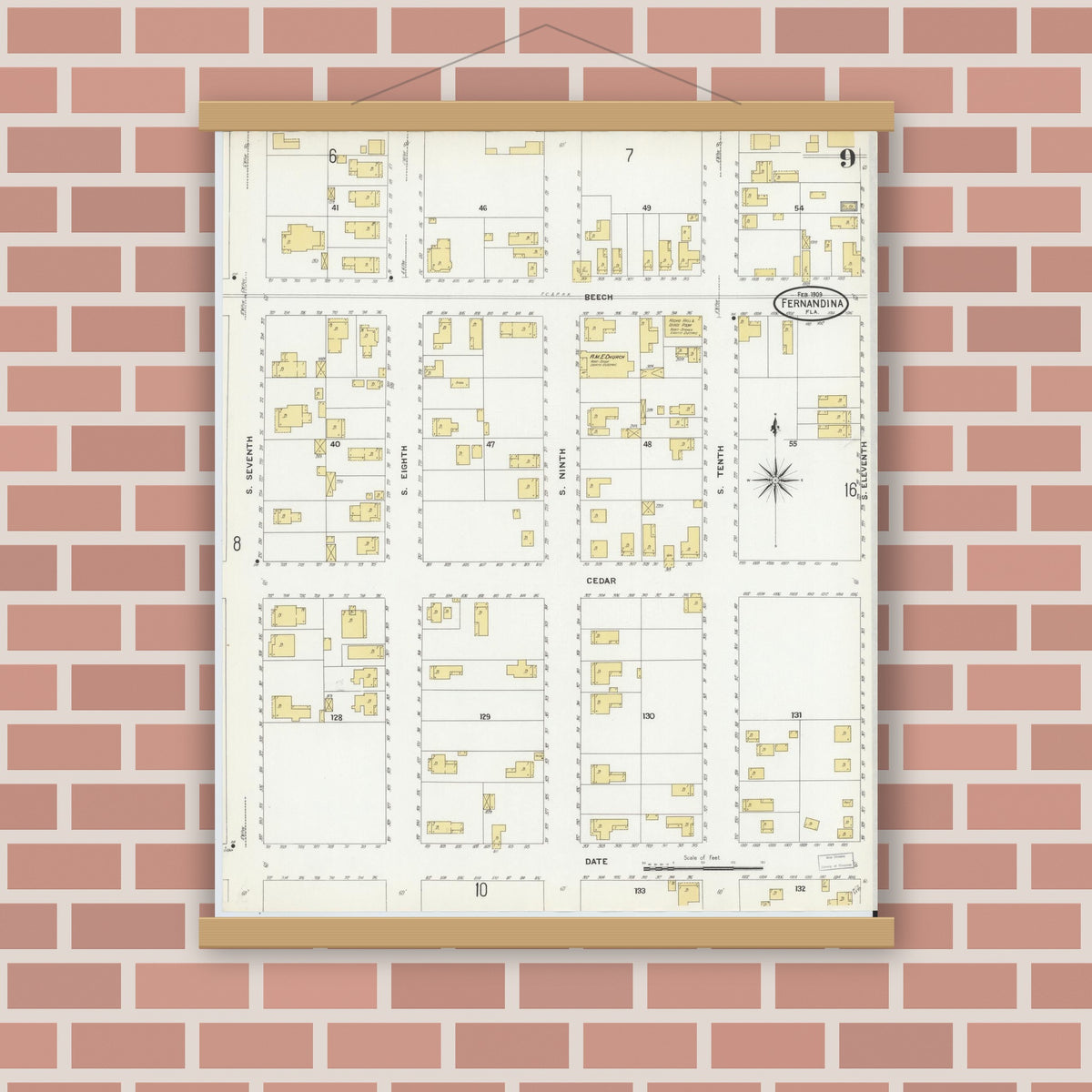 Old map wall art mockup — magnetic wood frame on brick wall — Sanborn Fire Insurance Map from Fernandina, Nassau County, Florida (1909), Sheet #0009