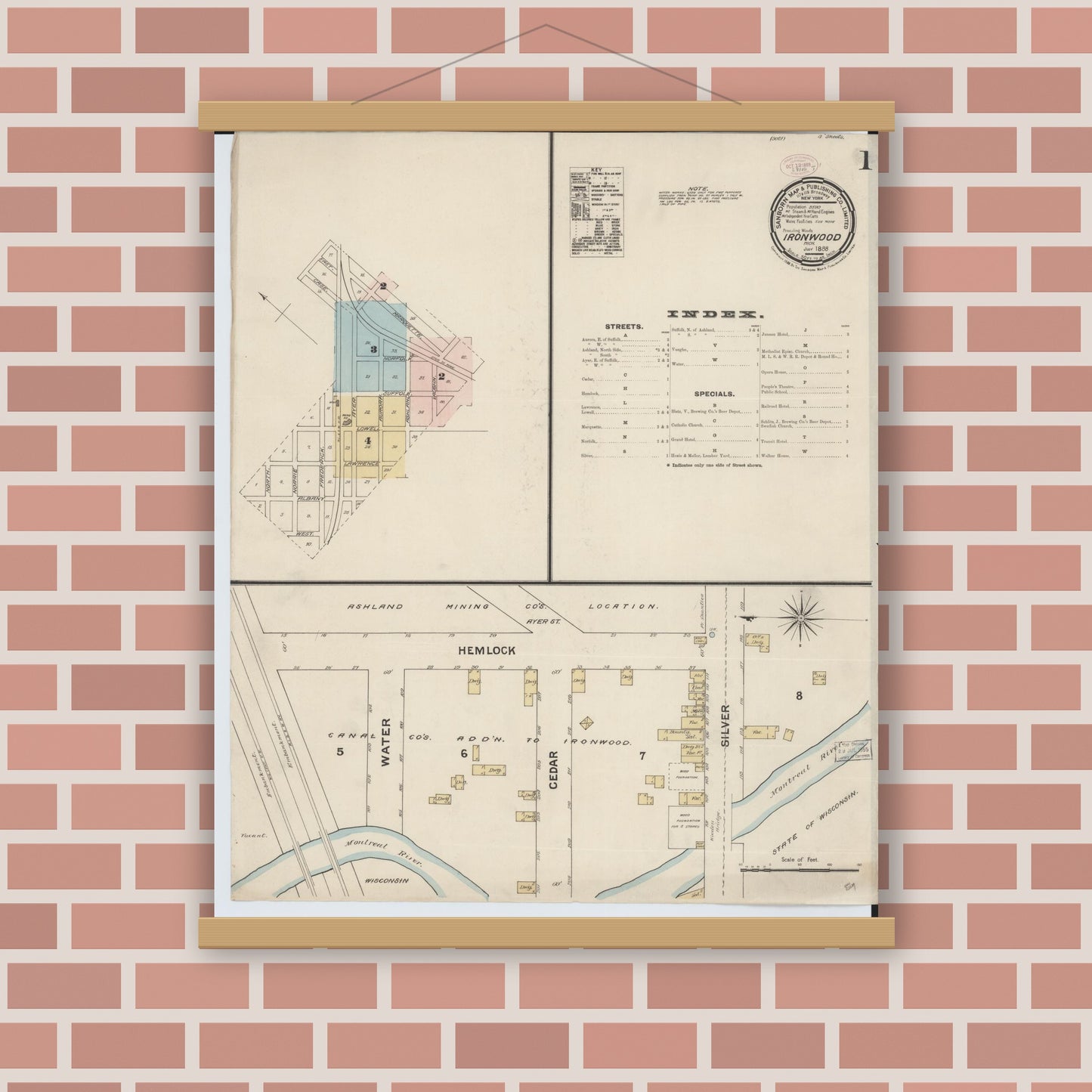 Old map wall art mockup — magnetic wood frame on brick wall — Sanborn Fire Insurance Map from Ironwood, Gogebic County, Michigan (1888), Sheet #0001