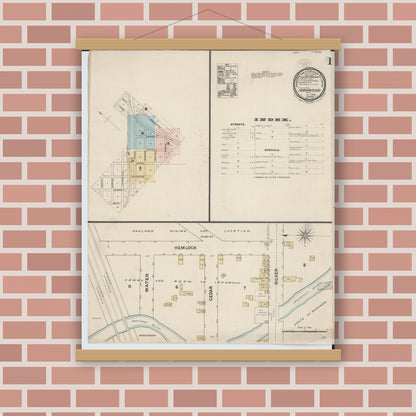 Old map wall art mockup — magnetic wood frame on brick wall — Sanborn Fire Insurance Map from Ironwood, Gogebic County, Michigan (1888), Sheet #0001