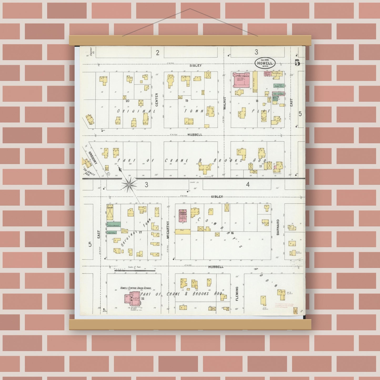 Old map wall art mockup — magnetic wood frame on brick wall — Sanborn Fire Insurance Map from Howell, Livingston County, Michigan (1899), Sheet #0005