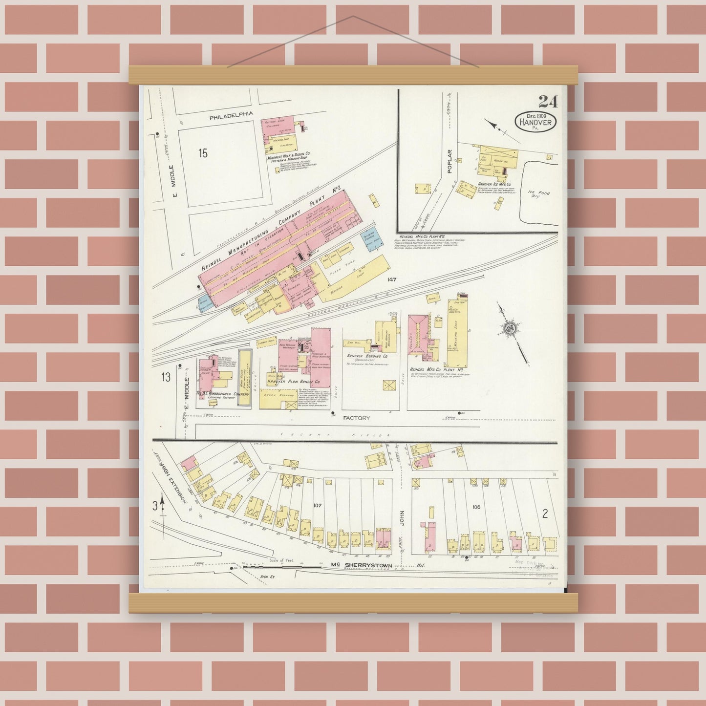 Old map wall art mockup — magnetic wood frame on brick wall — Sanborn Fire Insurance Map from Hanover, York County, Pennsylvania (1909), Sheet #0024