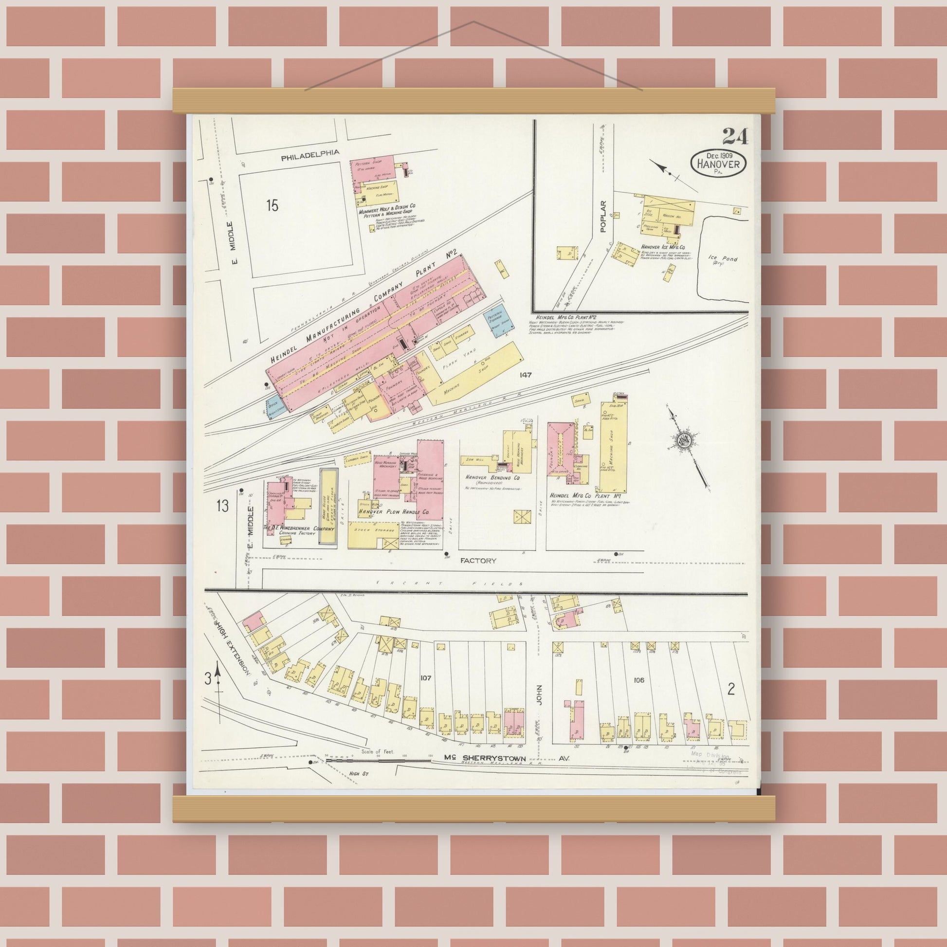 Old map wall art mockup — magnetic wood frame on brick wall — Sanborn Fire Insurance Map from Hanover, York County, Pennsylvania (1909), Sheet #0024