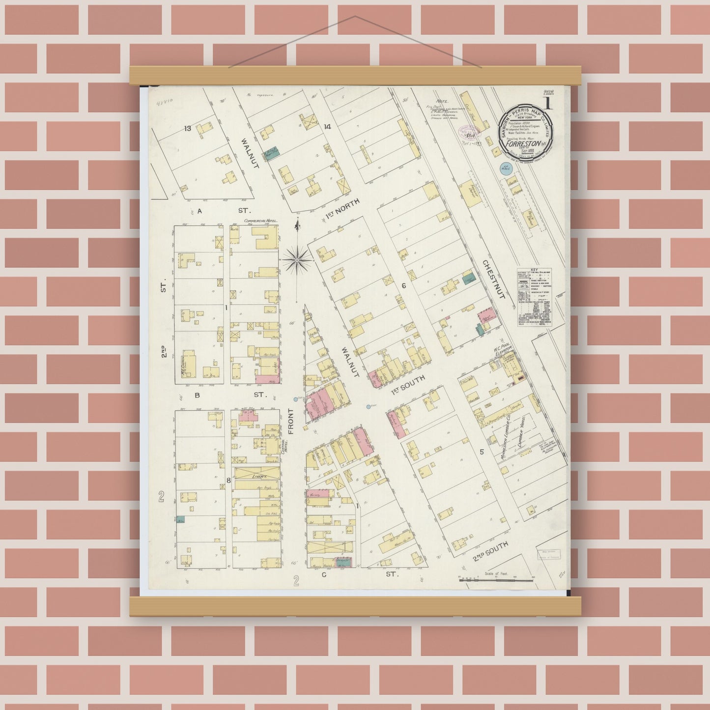 Old map wall art mockup — magnetic wood frame on brick wall — Sanborn Fire Insurance Map from Forreston, Ogle County, Illinois (1893) - Complete Map Set