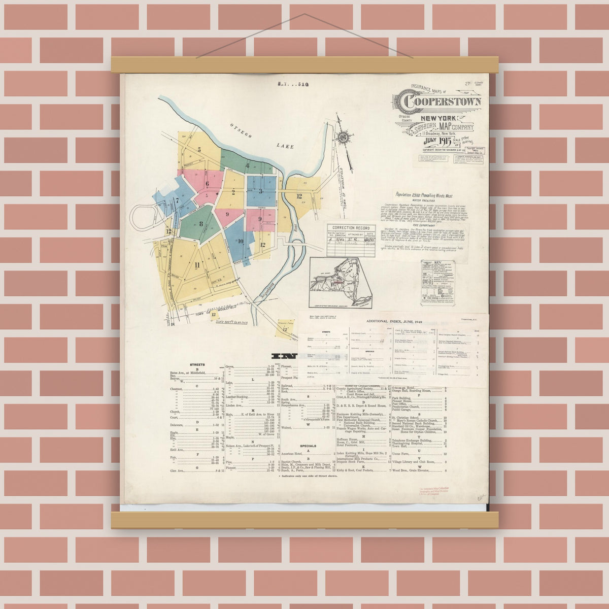 Old map wall art mockup — magnetic wood frame on brick wall — Sanborn Fire Insurance Map from Cooperstown, Otsego County, New York (1949), Sheet #0001