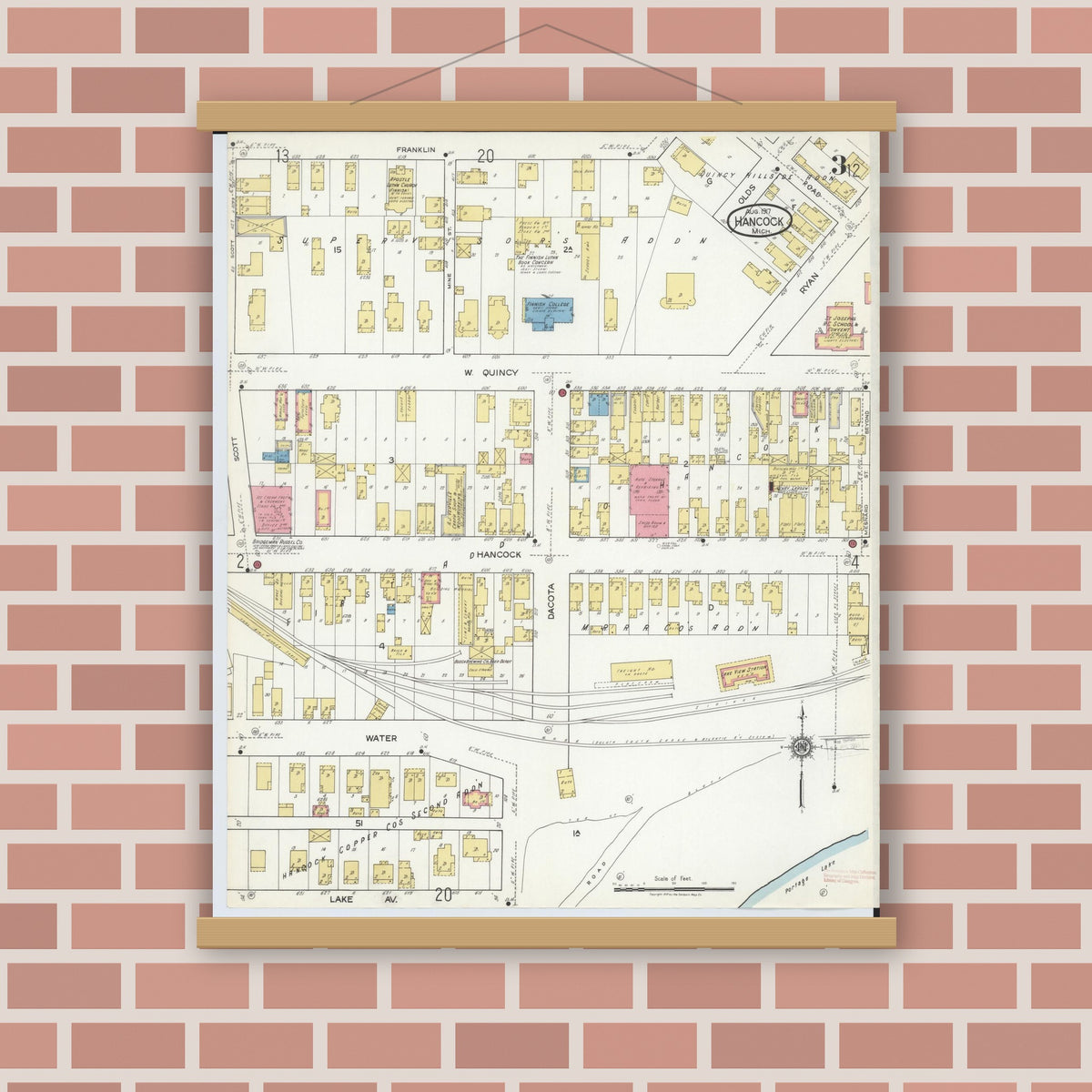 Old map wall art mockup — magnetic wood frame on brick wall — Sanborn Fire Insurance Map from Hancock, Houghton County, Michigan (1917), Sheet #0003