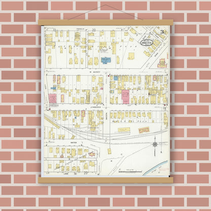 Old map wall art mockup — magnetic wood frame on brick wall — Sanborn Fire Insurance Map from Hancock, Houghton County, Michigan (1917), Sheet #0003
