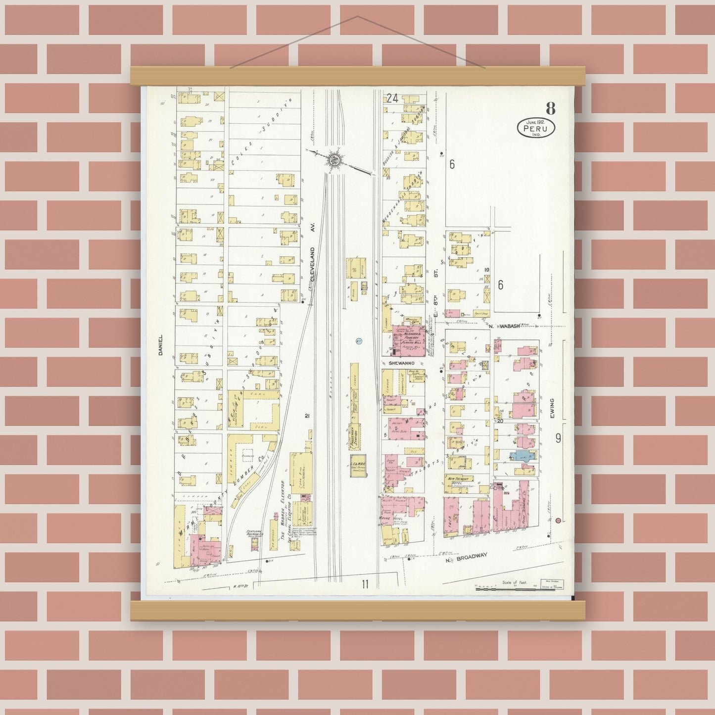 Old map wall art mockup — magnetic wood frame on brick wall — Sanborn Fire Insurance Map from Peru, Miami County, Indiana (1912), Sheet #0008