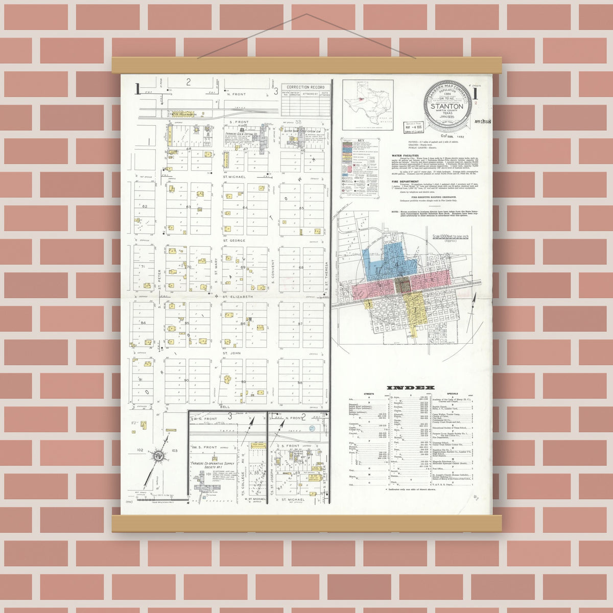 Old map wall art mockup — magnetic wood frame on brick wall — Sanborn Fire Insurance Map from Stanton, Martin County, Texas (1935) - Complete Map Set