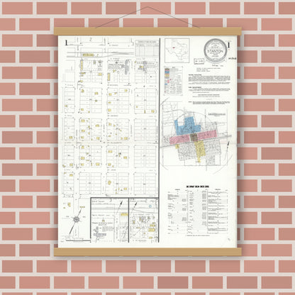 Old map wall art mockup — magnetic wood frame on brick wall — Sanborn Fire Insurance Map from Stanton, Martin County, Texas (1935) - Complete Map Set