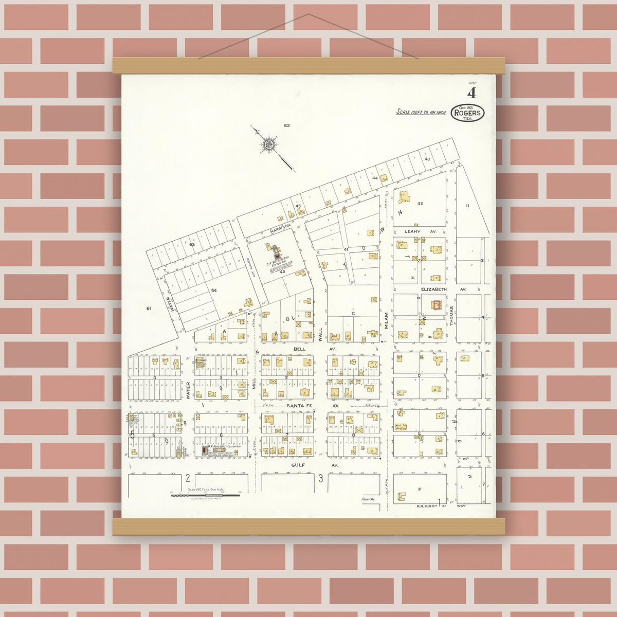 Old map wall art mockup — magnetic wood frame on brick wall — Sanborn Fire Insurance Map from Rogers, Bell County, Texas (1921), Sheet #0004