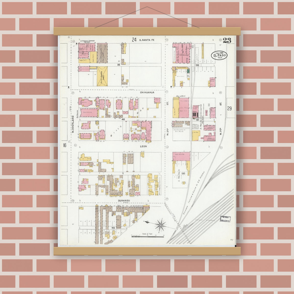 Old map wall art mockup — magnetic wood frame on brick wall — Sanborn Fire Insurance Map from El Paso, El Paso County, Texas (1905), Sheet #0023