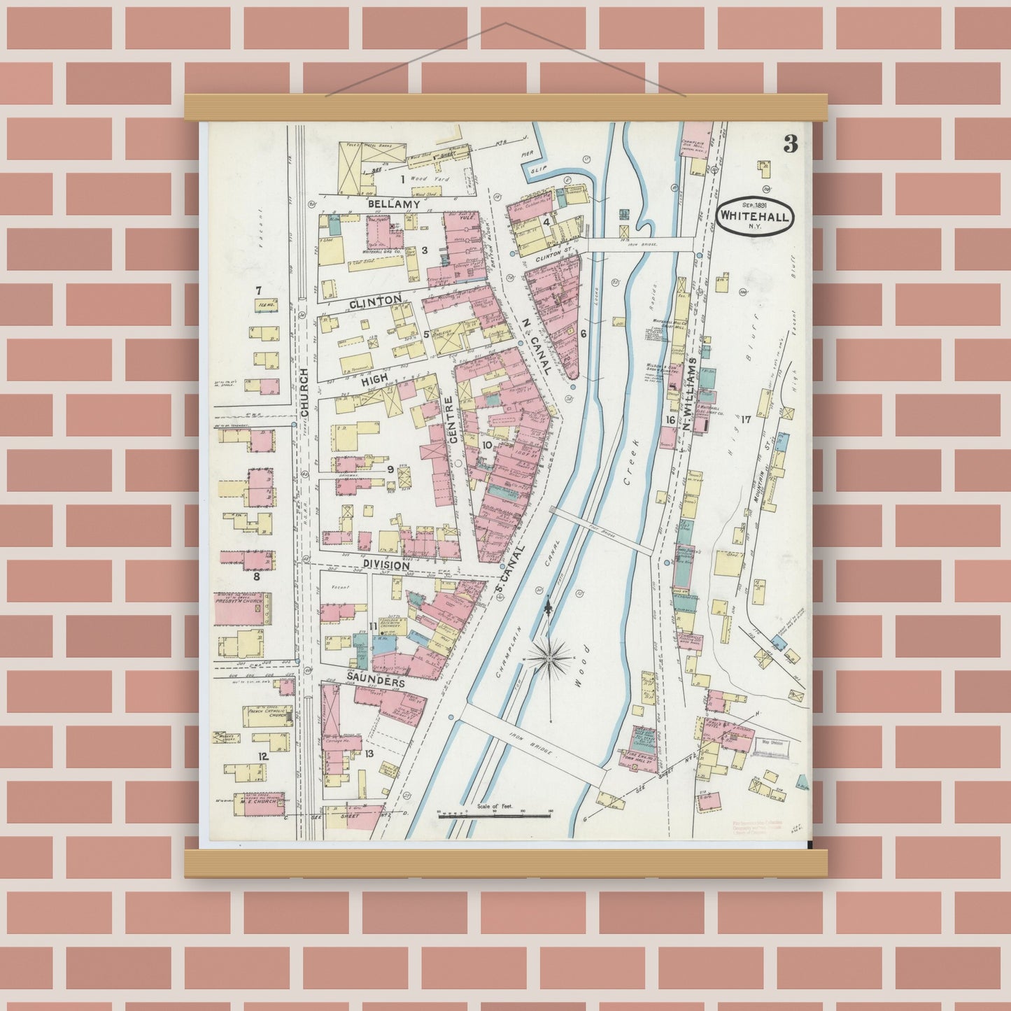 Old map wall art mockup — magnetic wood frame on brick wall — Sanborn Fire Insurance Map from Whitehall, Washington County, New York (1891), Sheet #0003