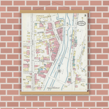 Old map wall art mockup — magnetic wood frame on brick wall — Sanborn Fire Insurance Map from Whitehall, Washington County, New York (1891), Sheet #0003