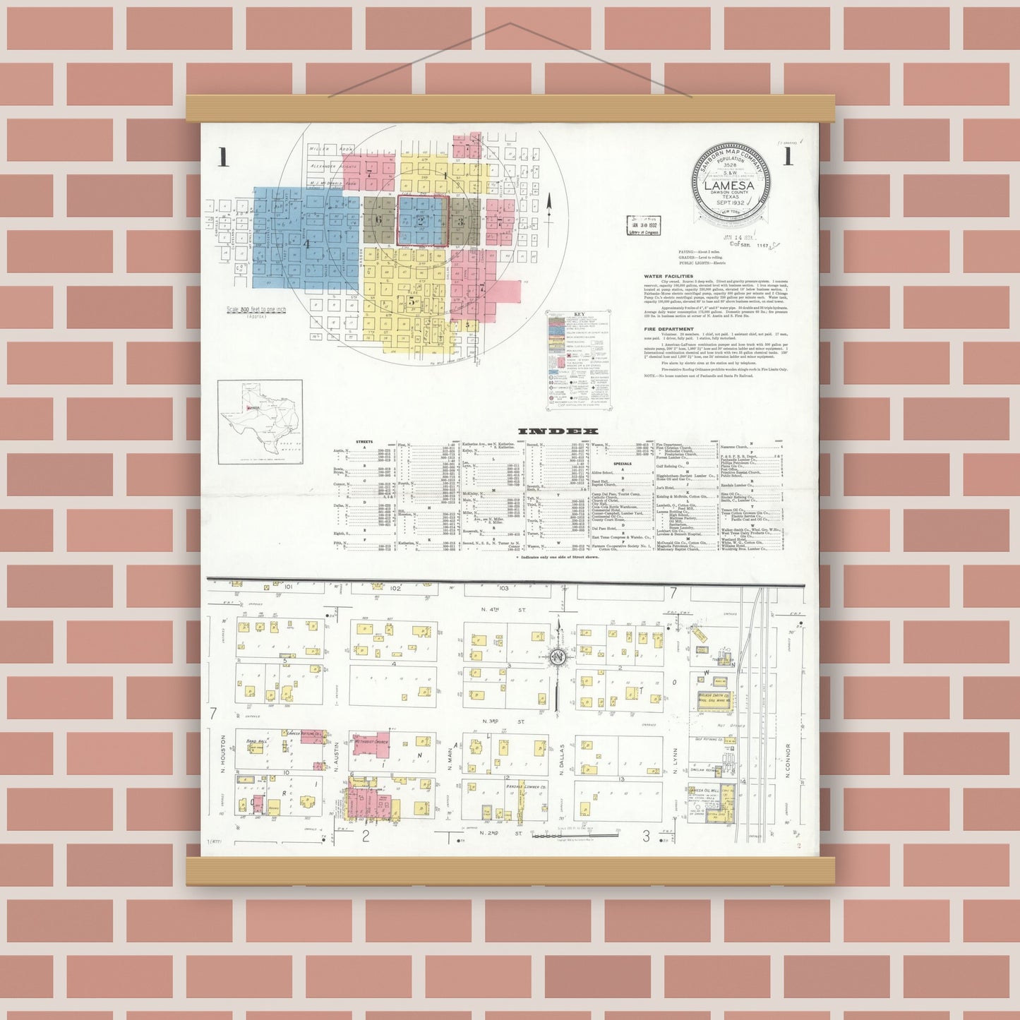 Old map wall art mockup — magnetic wood frame on brick wall — Sanborn Fire Insurance Map from Lamesa, Dawson County, Texas (1932), Sheet #0001