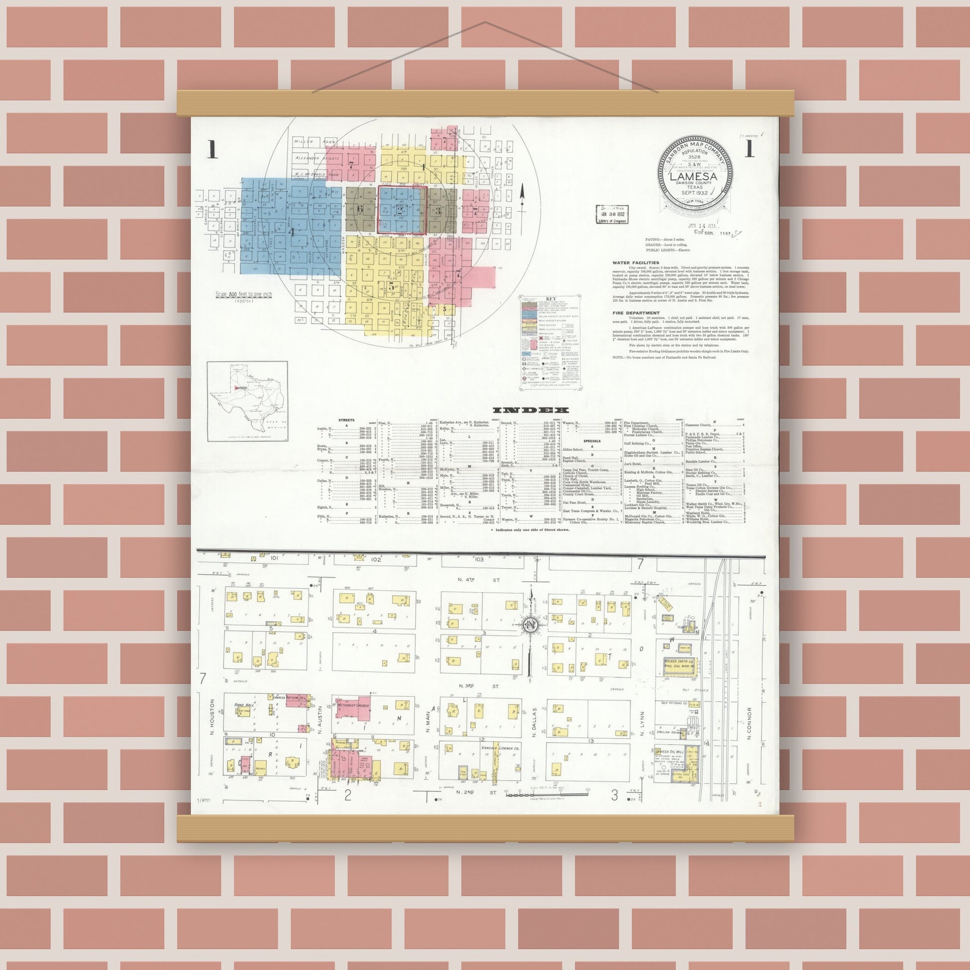 Old map wall art mockup — magnetic wood frame on brick wall — Sanborn Fire Insurance Map from Lamesa, Dawson County, Texas (1932), Sheet #0001