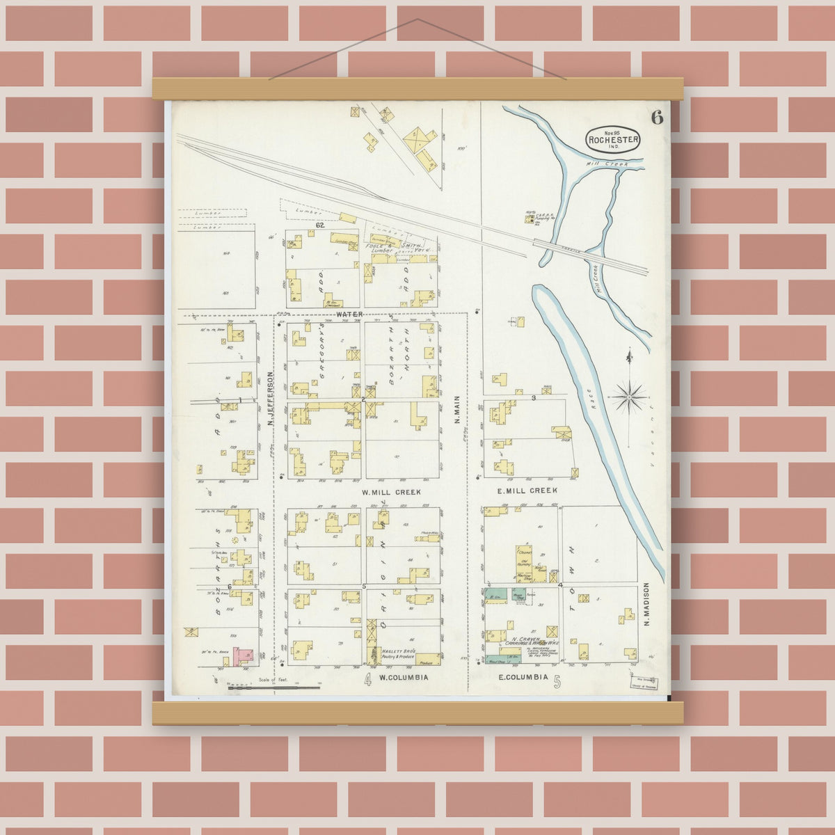 Old map wall art mockup — magnetic wood frame on brick wall — Sanborn Fire Insurance Map from Rochester, Fulton County, Indiana (1895), Sheet #0006