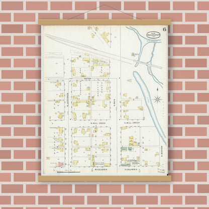 Old map wall art mockup — magnetic wood frame on brick wall — Sanborn Fire Insurance Map from Rochester, Fulton County, Indiana (1895), Sheet #0006