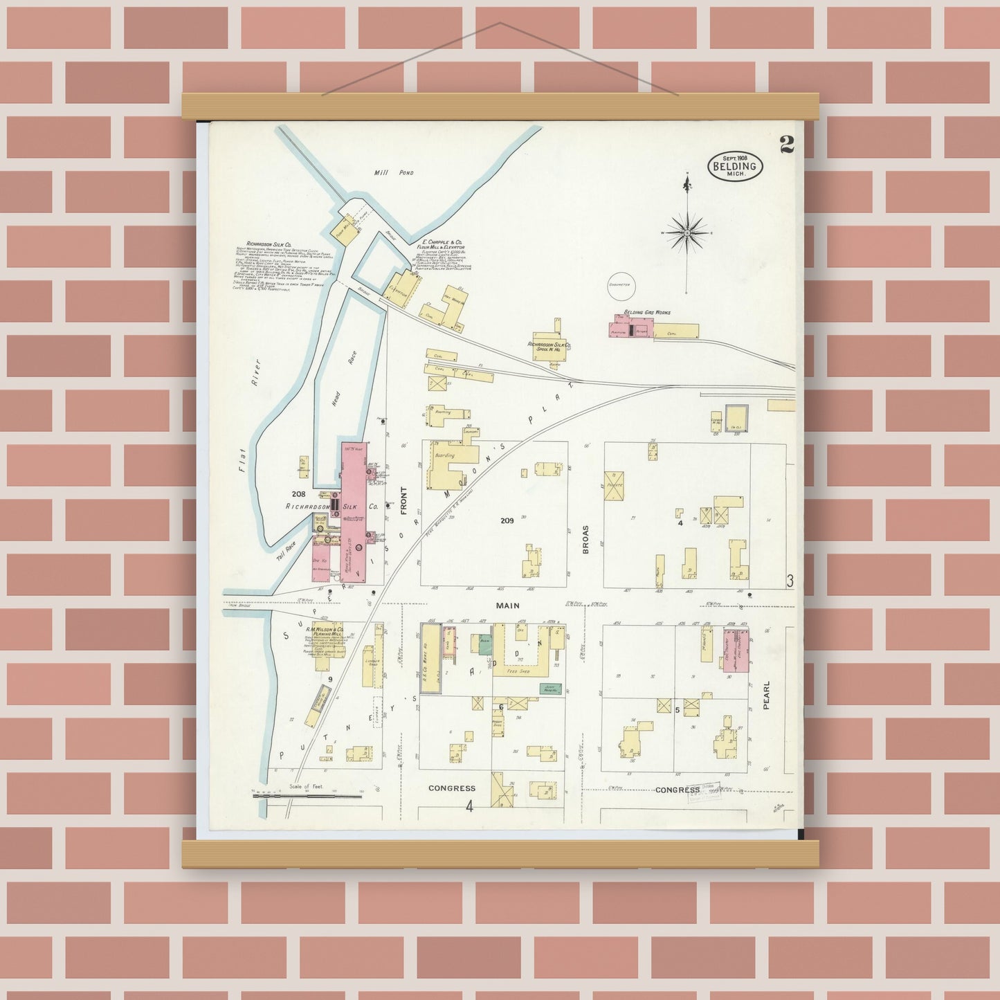 Old map wall art mockup — magnetic wood frame on brick wall — Sanborn Fire Insurance Map from Belding, Ionia County, Michigan (1908), Sheet #0002