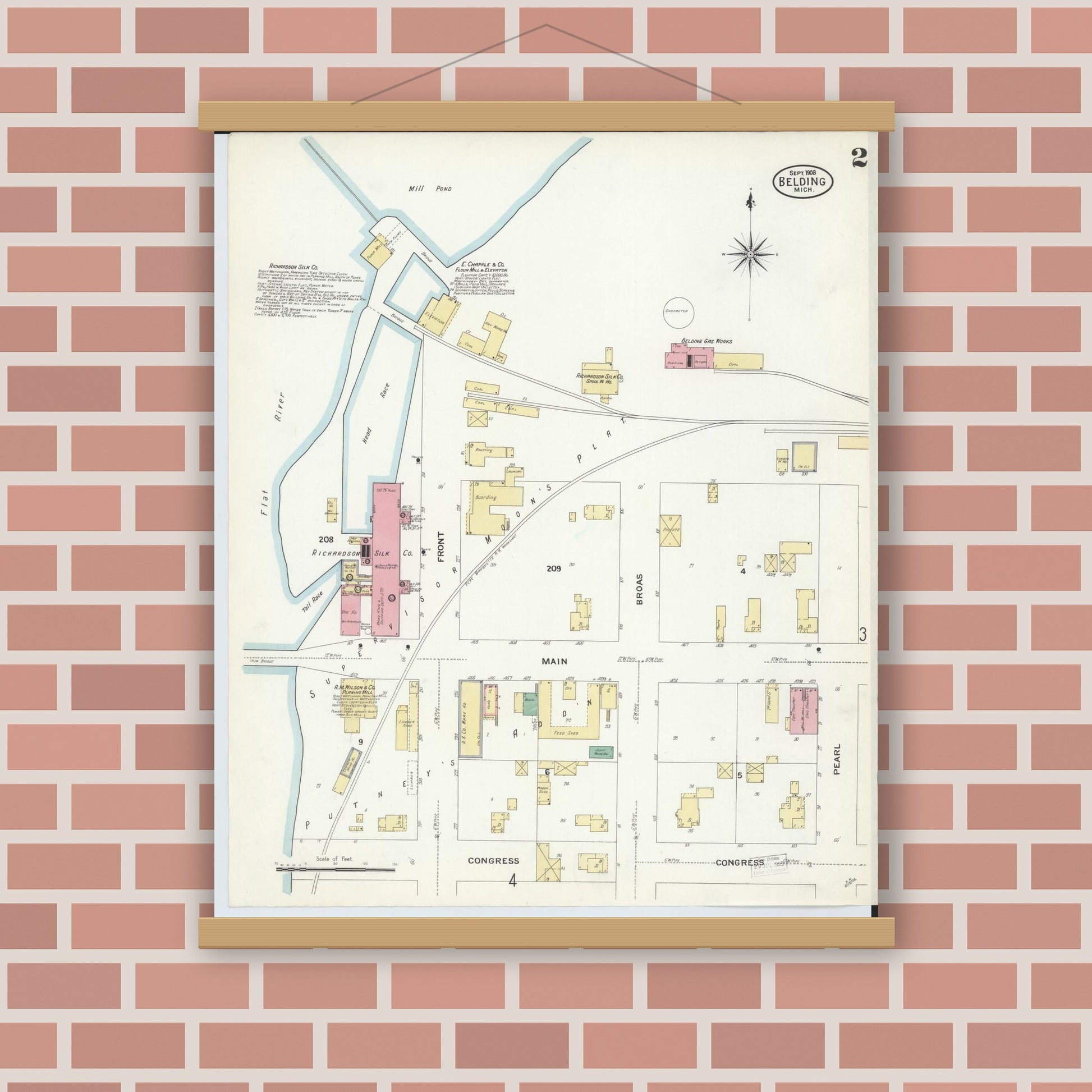 Old map wall art mockup — magnetic wood frame on brick wall — Sanborn Fire Insurance Map from Belding, Ionia County, Michigan (1908), Sheet #0002