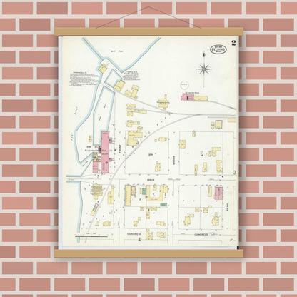 Old map wall art mockup — magnetic wood frame on brick wall — Sanborn Fire Insurance Map from Belding, Ionia County, Michigan (1908), Sheet #0002