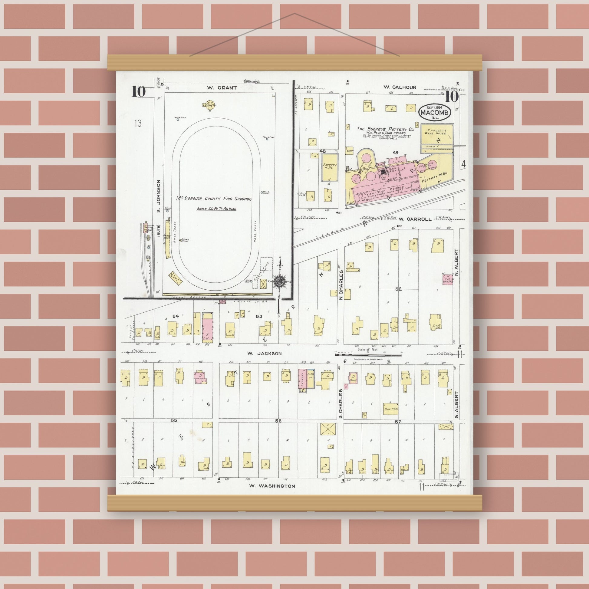 Old map wall art mockup — magnetic wood frame on brick wall — Sanborn Fire Insurance Map from Macomb, Mcdonough County, Illinois (1924), Sheet #0010