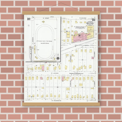 Old map wall art mockup — magnetic wood frame on brick wall — Sanborn Fire Insurance Map from Macomb, Mcdonough County, Illinois (1924), Sheet #0010