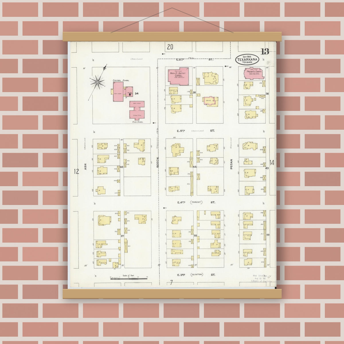 Old map wall art mockup — magnetic wood frame on brick wall — Sanborn Fire Insurance Map from Texarkana, Bowie County, Texas (1905), Sheet #0013