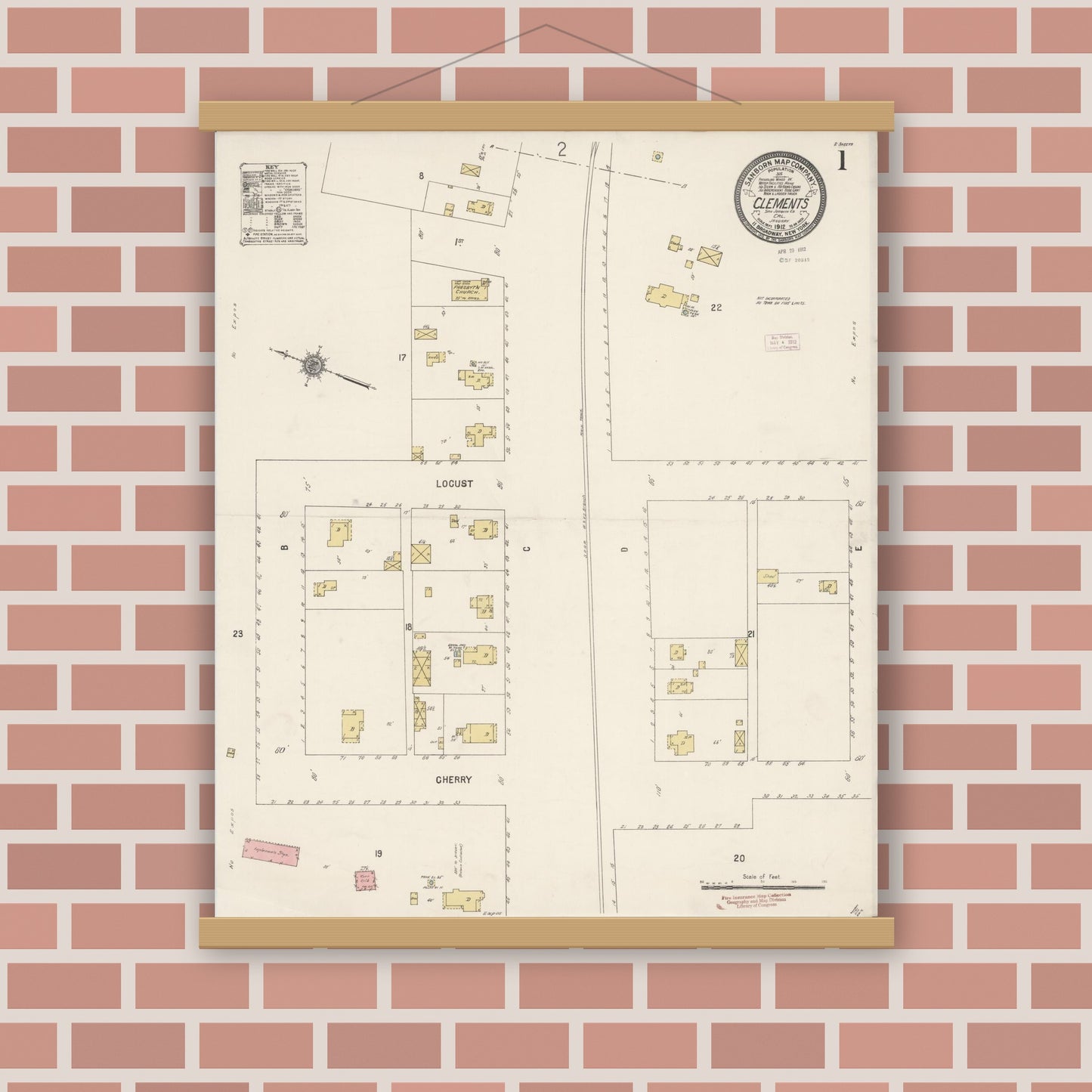 Old map wall art mockup — magnetic wood frame on brick wall — Sanborn Fire Insurance Map from Clements, San Joaquin County, California (1912) - Complete Map Set