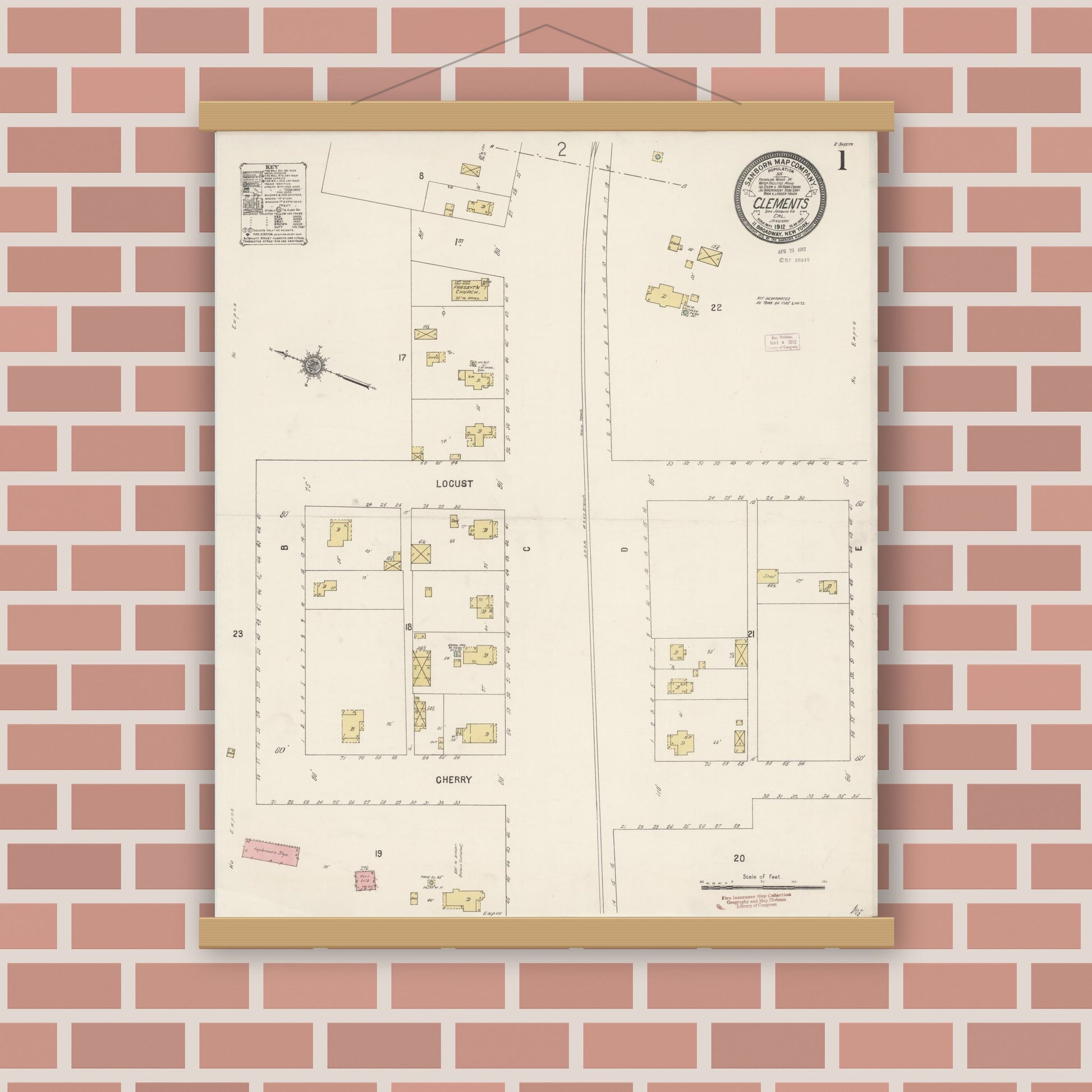 Old map wall art mockup — magnetic wood frame on brick wall — Sanborn Fire Insurance Map from Clements, San Joaquin County, California (1912) - Complete Map Set