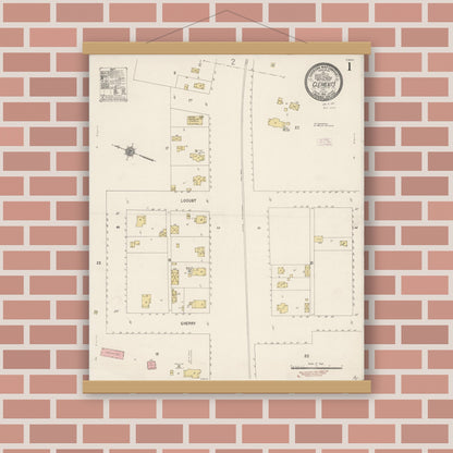 Old map wall art mockup — magnetic wood frame on brick wall — Sanborn Fire Insurance Map from Clements, San Joaquin County, California (1912) - Complete Map Set