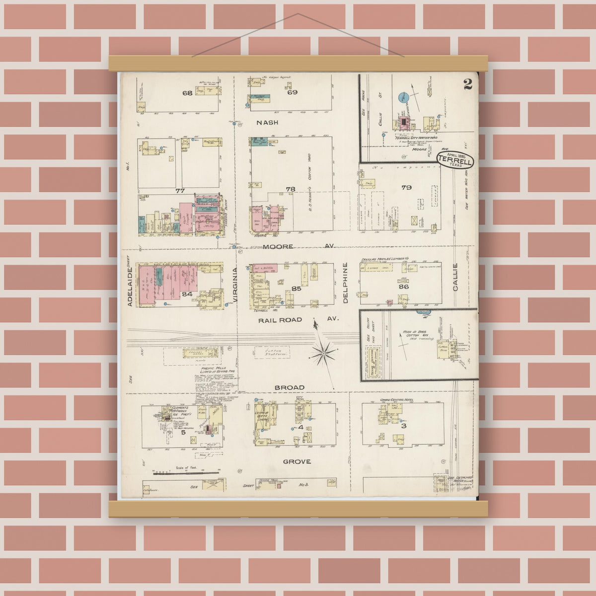Old map wall art mockup — magnetic wood frame on brick wall — Sanborn Fire Insurance Map from Terrell, Kaufman County, Texas (1885), Sheet #0002