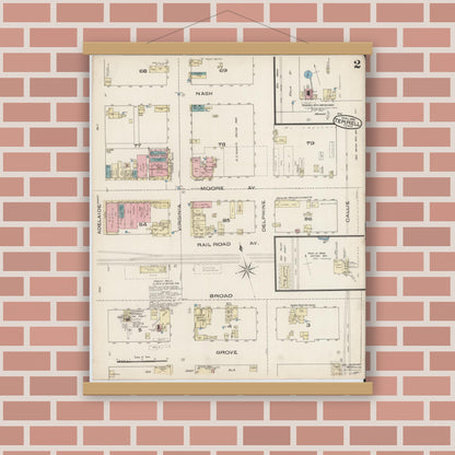 Old map wall art mockup — magnetic wood frame on brick wall — Sanborn Fire Insurance Map from Terrell, Kaufman County, Texas (1885), Sheet #0002