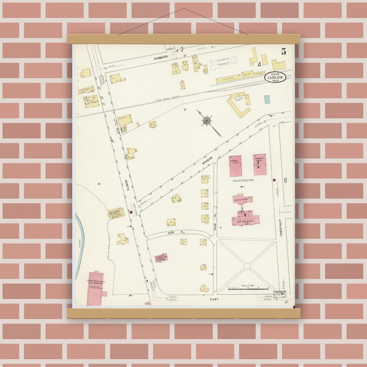 Old map wall art mockup — magnetic wood frame on brick wall — Sanborn Fire Insurance Map from Ludlow, Hampden County, Massachusetts (1911), Sheet #0005