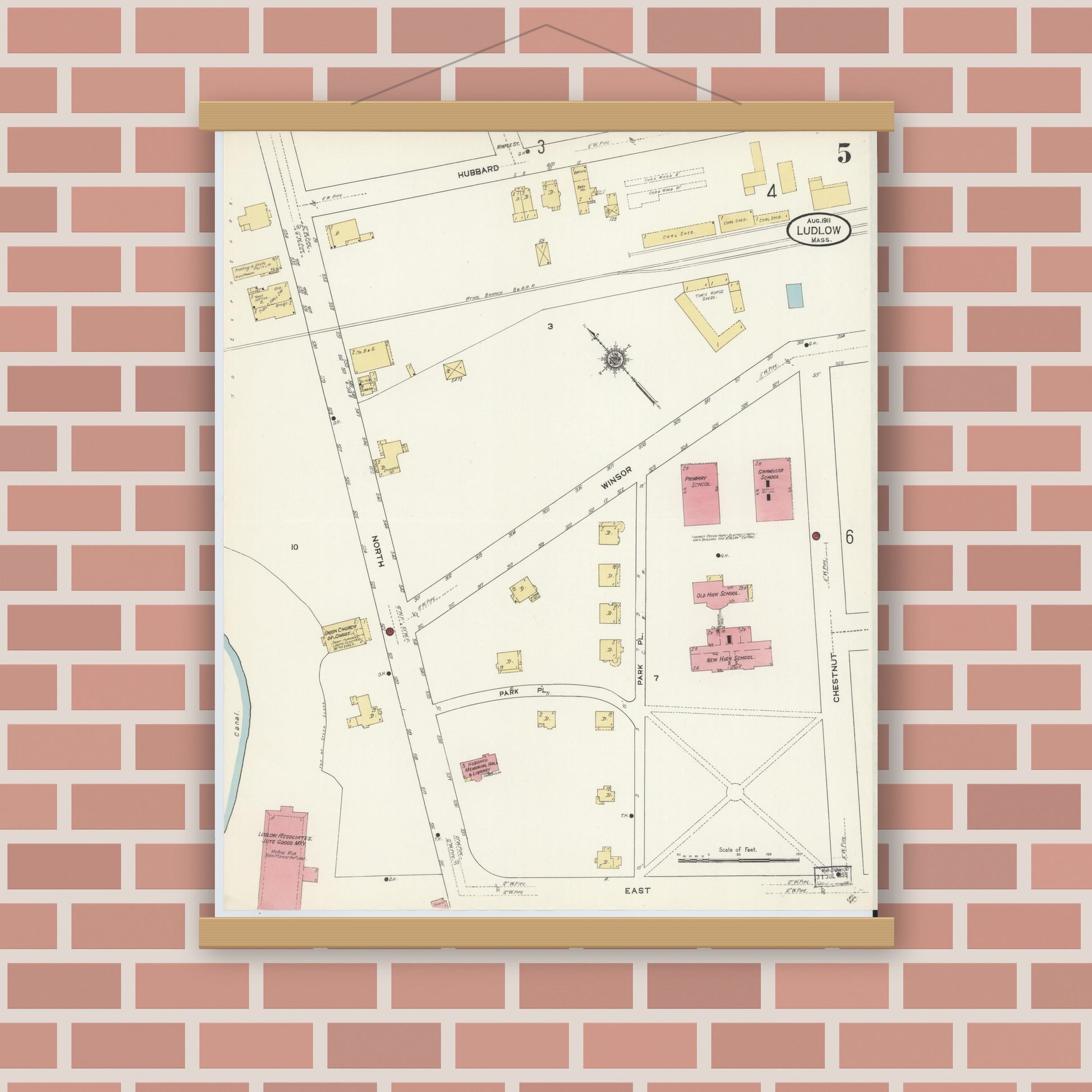 Old map wall art mockup — magnetic wood frame on brick wall — Sanborn Fire Insurance Map from Ludlow, Hampden County, Massachusetts (1911), Sheet #0005