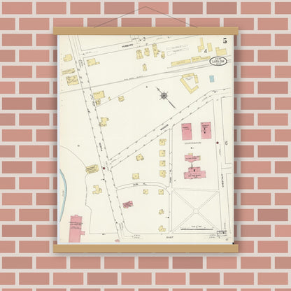 Old map wall art mockup — magnetic wood frame on brick wall — Sanborn Fire Insurance Map from Ludlow, Hampden County, Massachusetts (1911), Sheet #0005